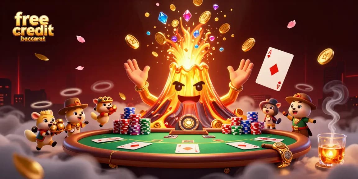Experience free credit baccarat action in a dynamic casino scene with vibrant characters and elements.