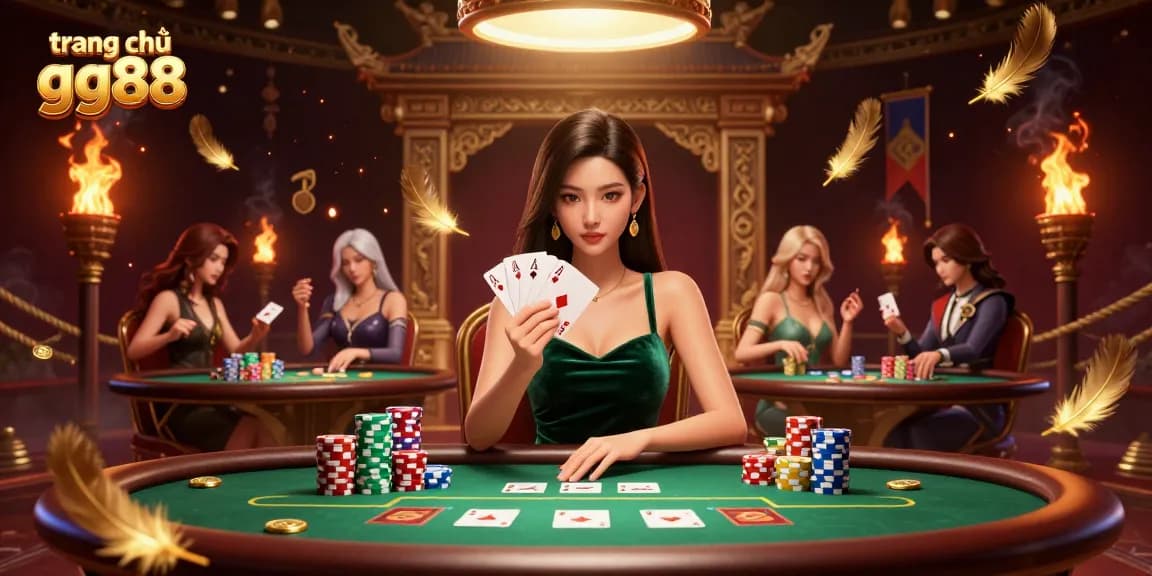 Experience thrilling gameplay at trang chủ gg88 with a stunning Asian dealer at a luxury poker table, surrounded by rich casino elements.