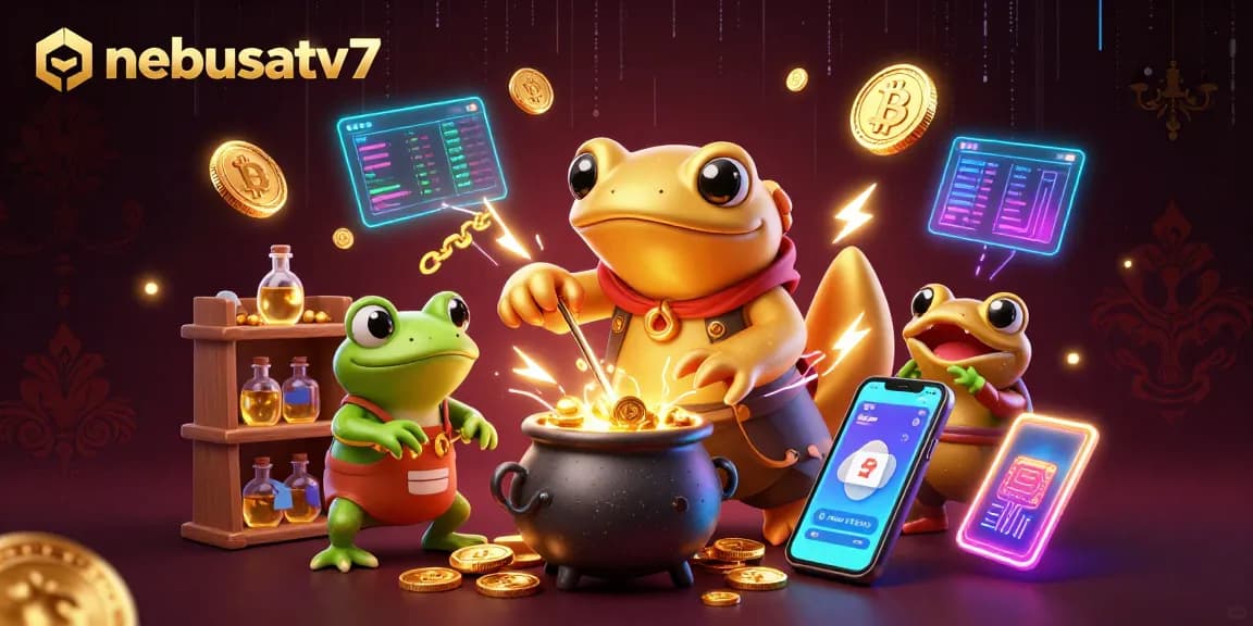 Nurture your fortune with nebesatv7, a vibrant 3D scene of an alchemist and gold coins.