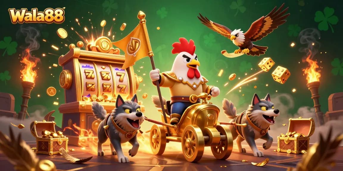 Experience the excitement of betting at Wala88, featuring a rooster warlord in a fiery arena.
