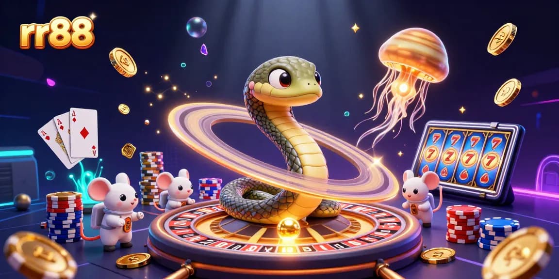Bet on rr88 with dynamic space casino scene featuring roulette and playful elements.