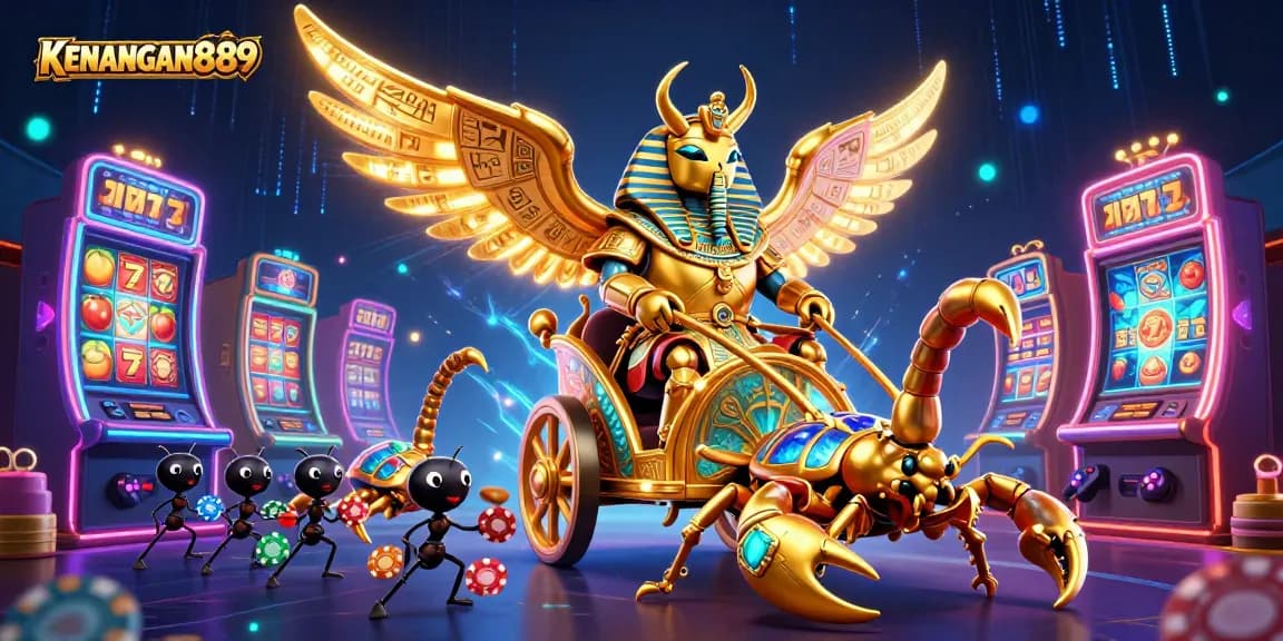 Experience thrilling slots action at KENANGAN889 while witnessing a vibrant 3D illustrated casino scene.