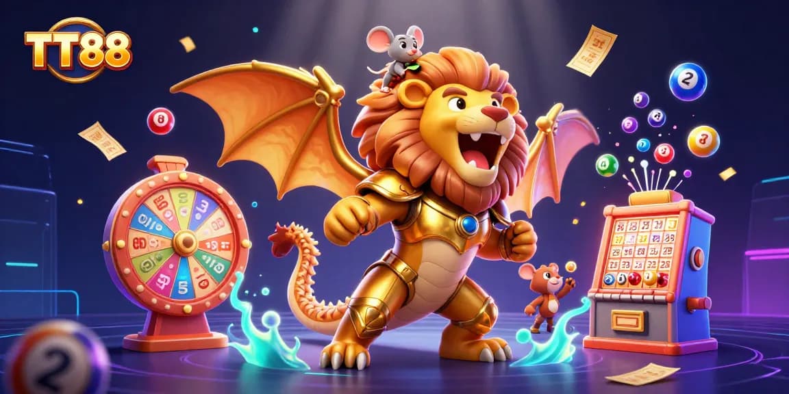 Experience the excitement of TT88 with this vibrant casino-themed 3D illustration featuring dynamic game elements.