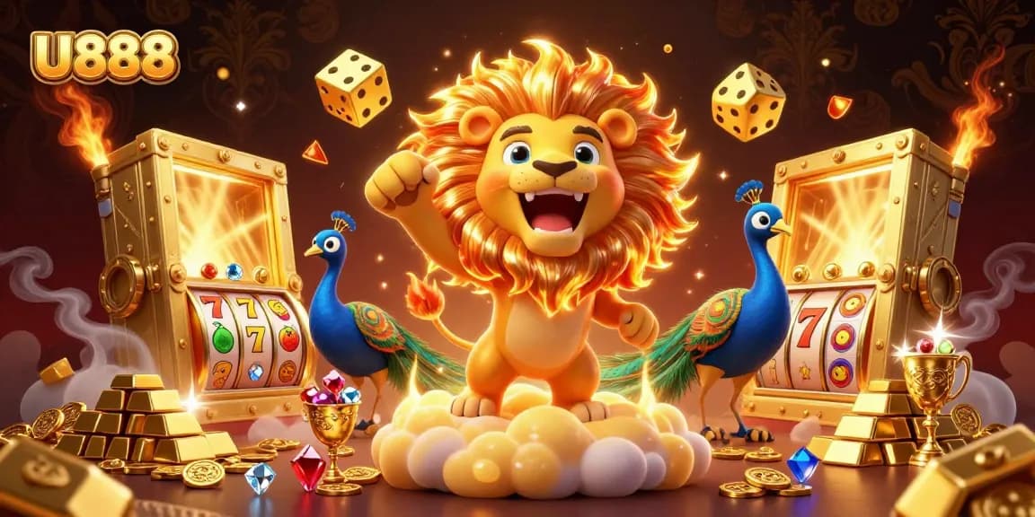 U888 showcases a vibrant casino scene with a roaring sun lion, golden dice, and exciting slot symbols.