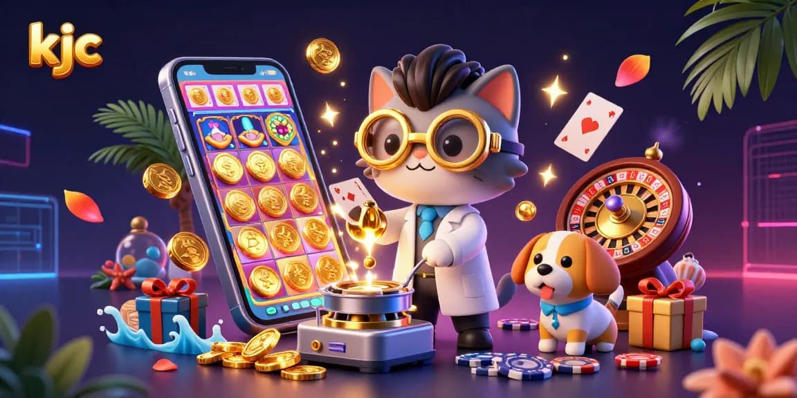 Engage with KJC's vibrant casino action as the mad scientist cat and assistant unleash gold coins amid colorful slot game elements.