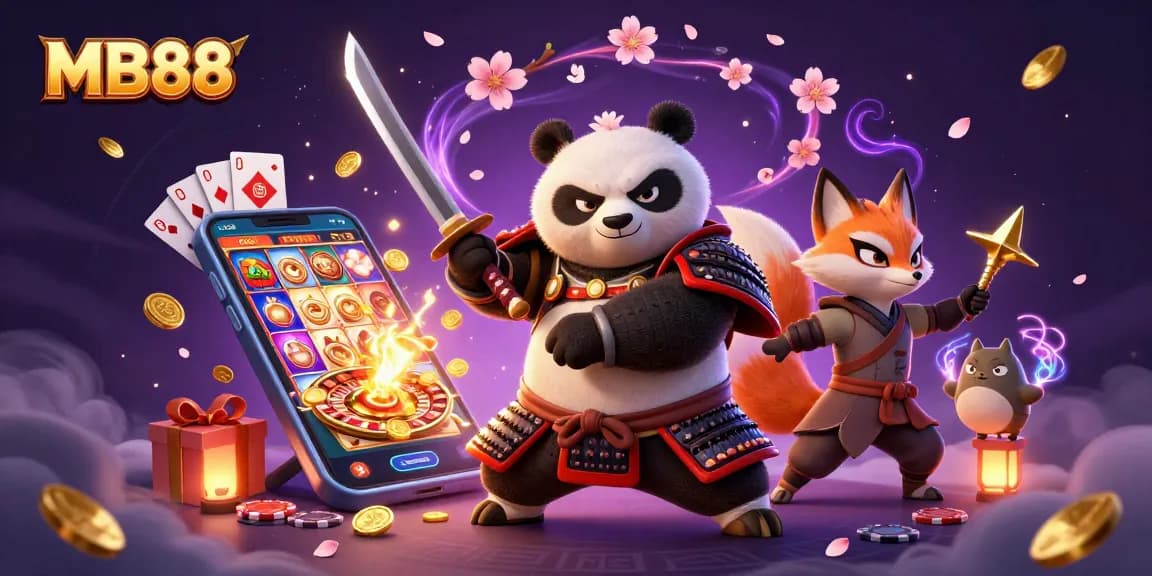 Khám phá thế giới slot game của MB88 với samurai panda và ninja fox trong khung cảnh huyền ảo