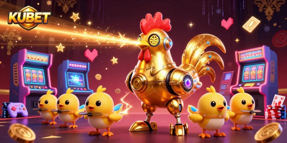 KUBET offers an immersive gaming experience with a lively golden rooster robot and vibrant arcade themes.