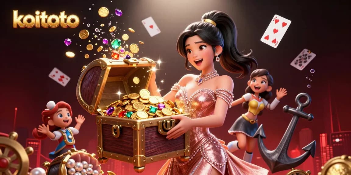 Koitoto provides an exciting gaming experience with a gorgeous Asian woman showcasing treasure winnings, representing online gambling triumphs.