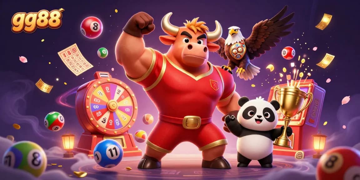 Experience the thrill of winning at gg88 with a cartoon bull mascot, eagle, and panda celebrating amidst vibrant casino elements.