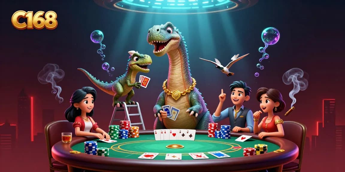 C168 Casino Game: A tall brontosaurus overlooks a lively poker scene with a clever raptor dealer.