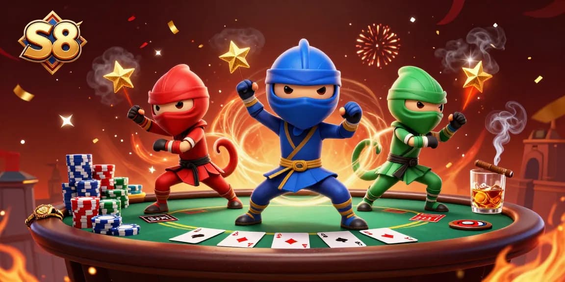 S8 ninja chameleons engaging in poker, showcasing vibrant action at a casino-themed rooftop.