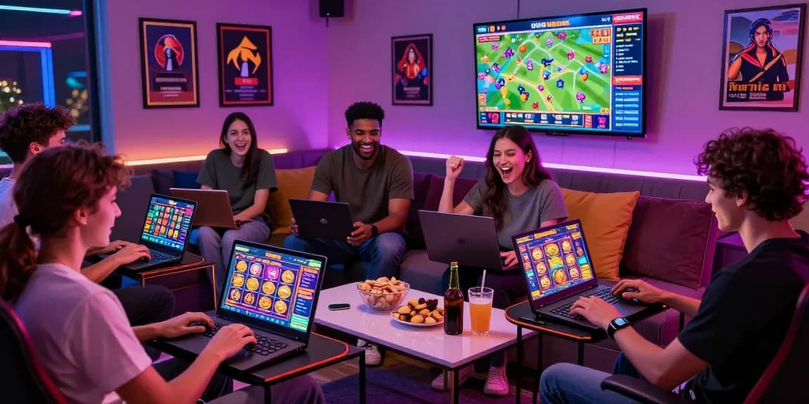 Exciting gaming scene at 78win with friends enjoying online betting and vibrant visuals in a cozy setting.
