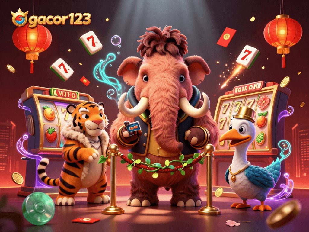 Engage with gacor123's vibrant casino adventure featuring a bouncer, VIP saber-tooth tiger, and glowing game elements.
