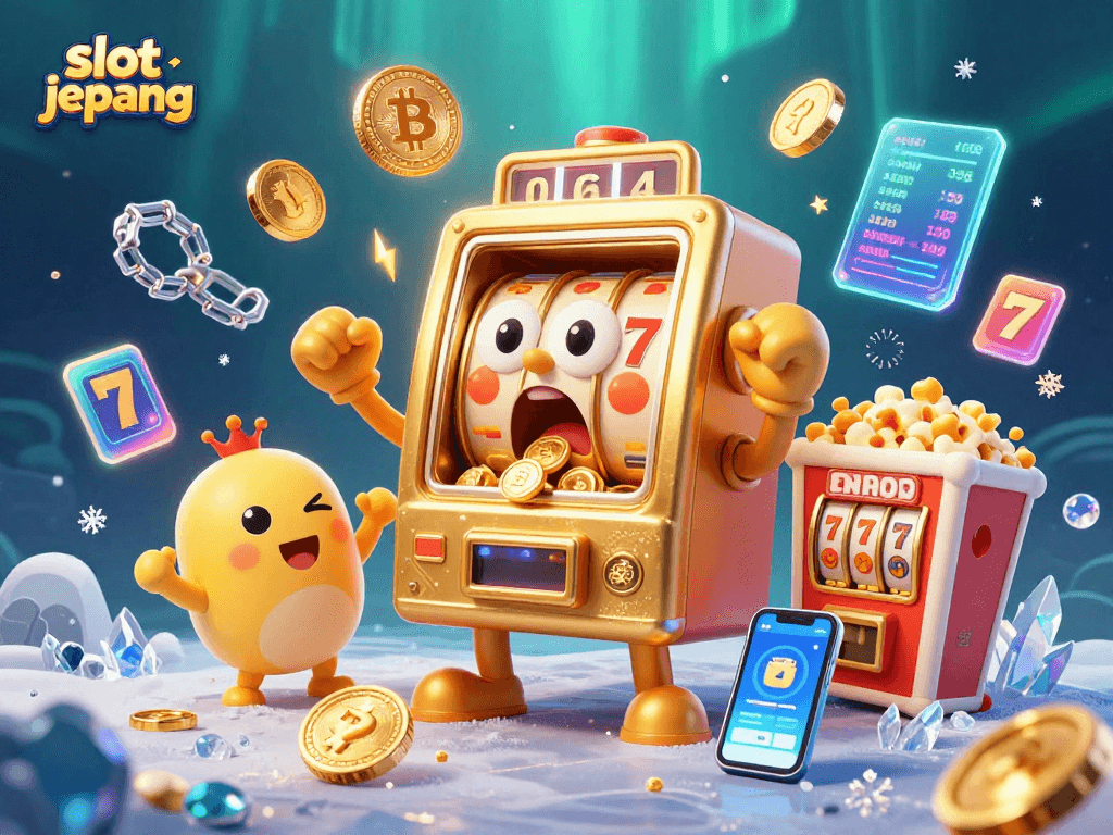 Experience the excitement of slot jepang with animated slot machines and coins pouring out.