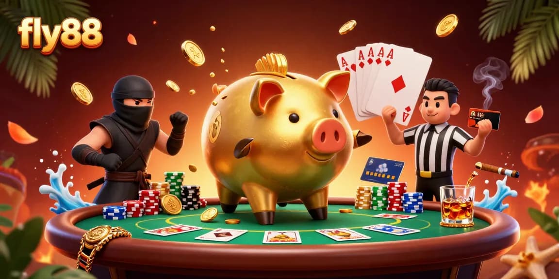 fly88 engages in a vibrant poker scene, showcasing animated characters within a dynamic casino setting.