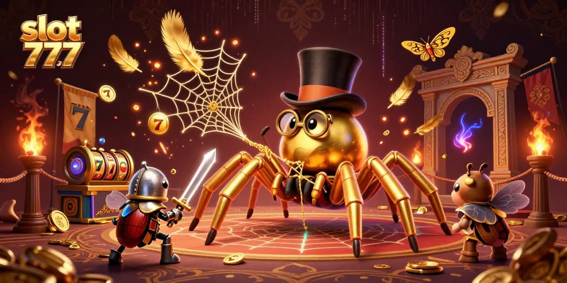 Memenangkan slot 777 dalam ilustrasi kasino yang ramai dengan karakter unik dan elemen misterius.