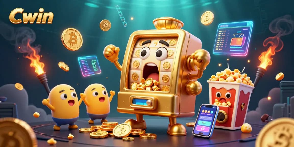 Cwin slot machine celebrates hitting a jackpot in a vibrant, action-packed casino scene with animated coins.