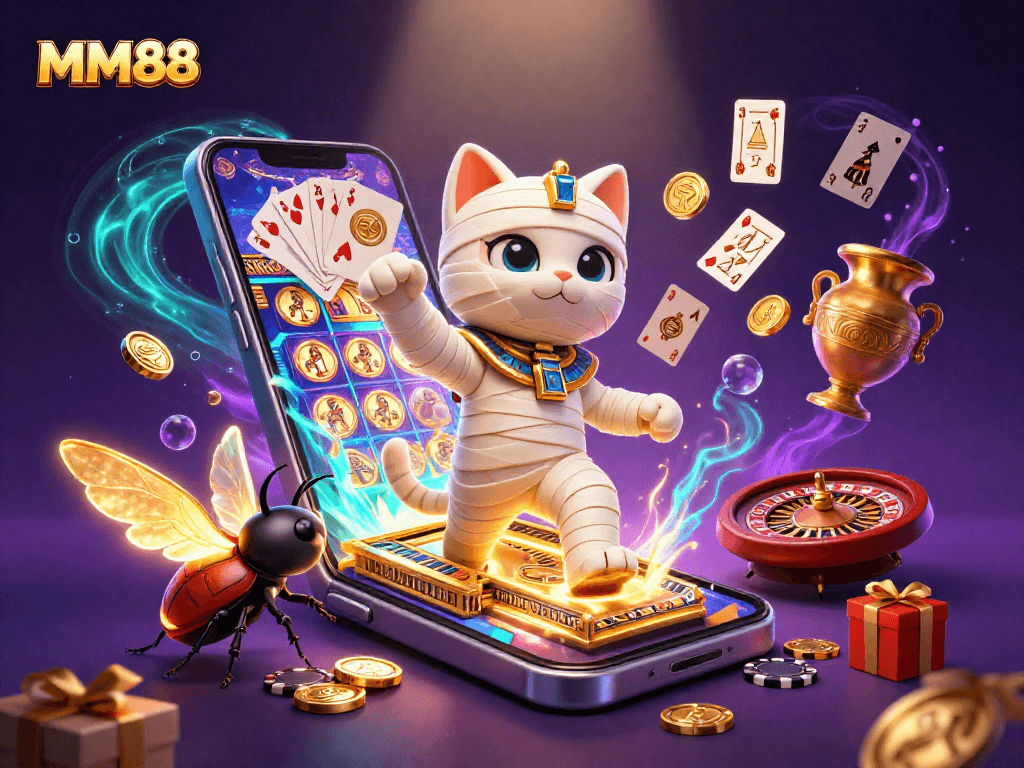 Experience the excitement of MM88 with a magical scene featuring a cartoon mummy cat, gold coins, and casino games.