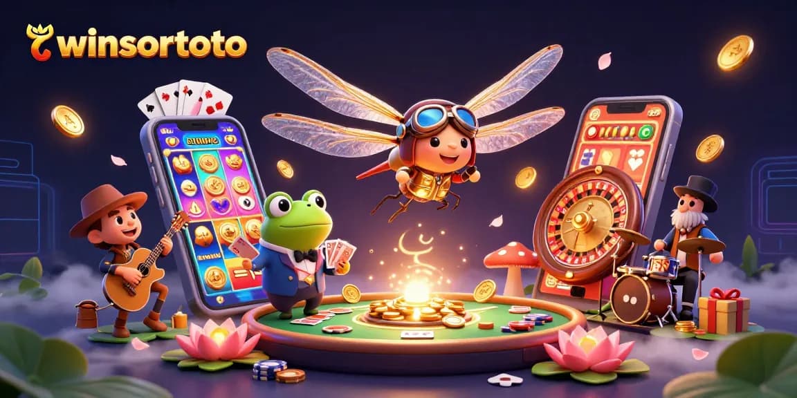 Engage with winsortoto gaming excitement as a dragonfly pilot entertains in a vibrant lily pad casino scene.