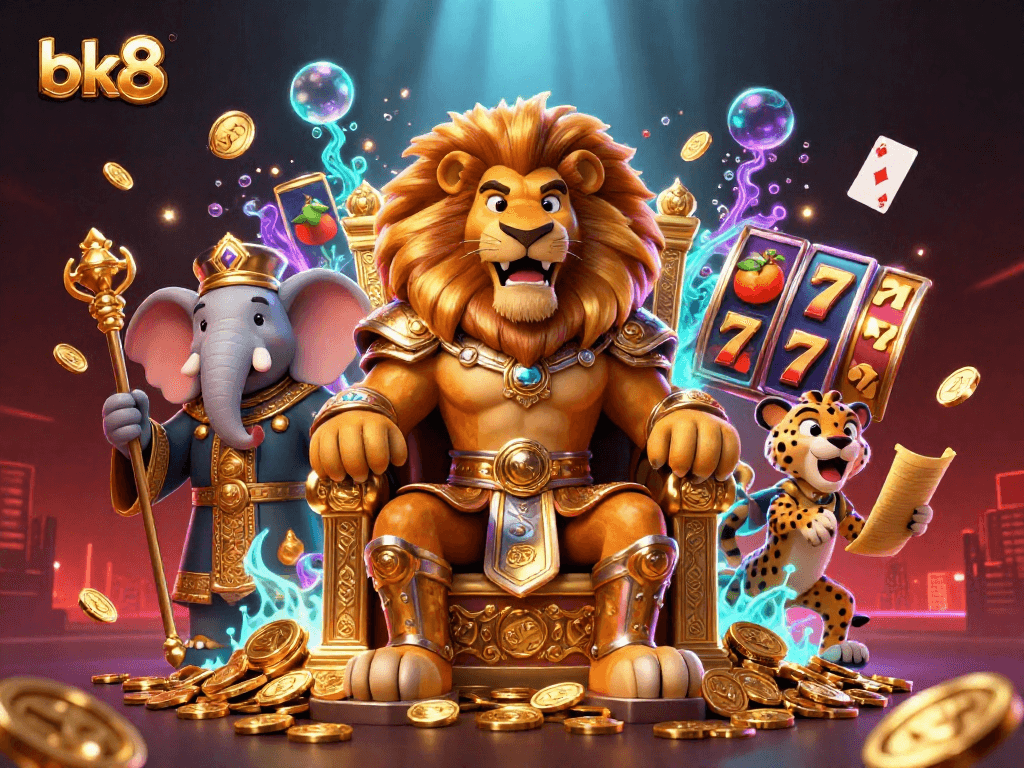Experience the thrill of bk8 with fierce character dynamics in this vibrant casino-themed illustration.