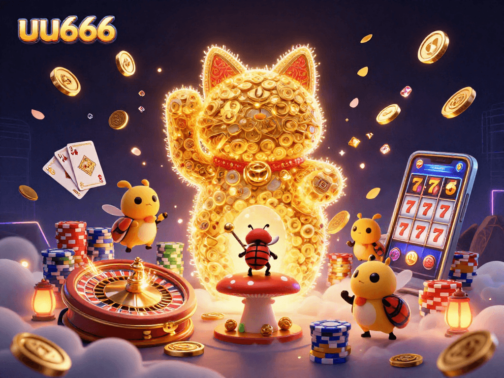 Experience exciting casino action with the uu666 lucky cat, vibrant coins, and classic game symbols.