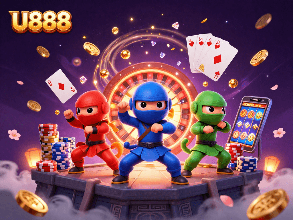 U888 showcases a vibrant scene with ninja chameleons and casino elements, perfect for gamblers.