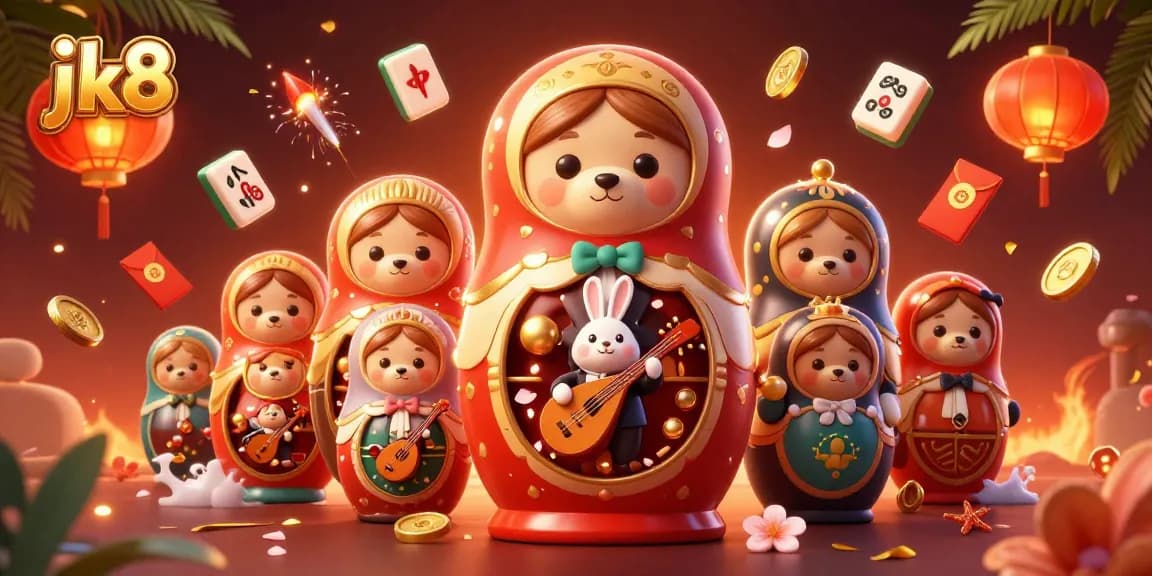 Engage with jk8 gaming excitement as Matryoshka bears playfully demonstrate casino skills amidst colorful elements.