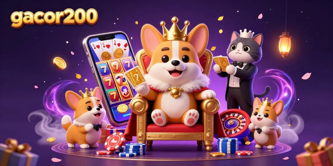 Win big with gacor200 in a vibrant 3D casino scene featuring royal corgi and lavish gaming elements.