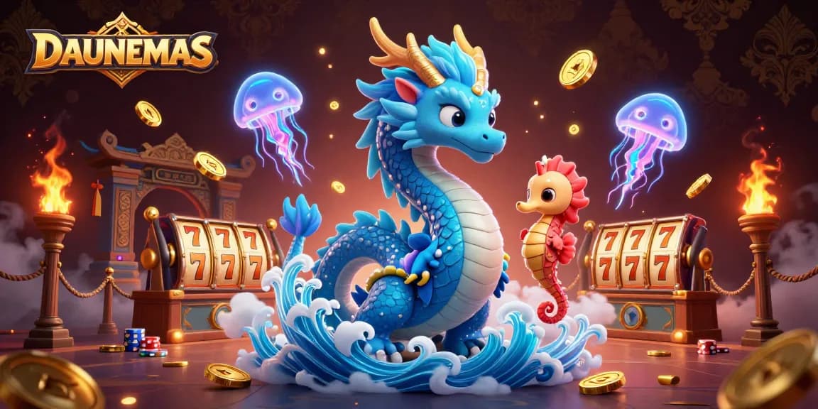 Engaging DAUNEMAS slot game illustration featuring a dragon, seahorse, and neon jellyfish.