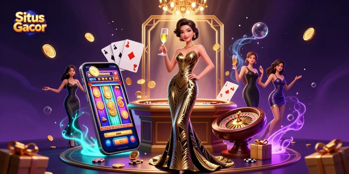 Situs Gacor showcasing a glamorous scene with a stylish Asian woman at a roulette table surrounded by vibrant gambling elements.