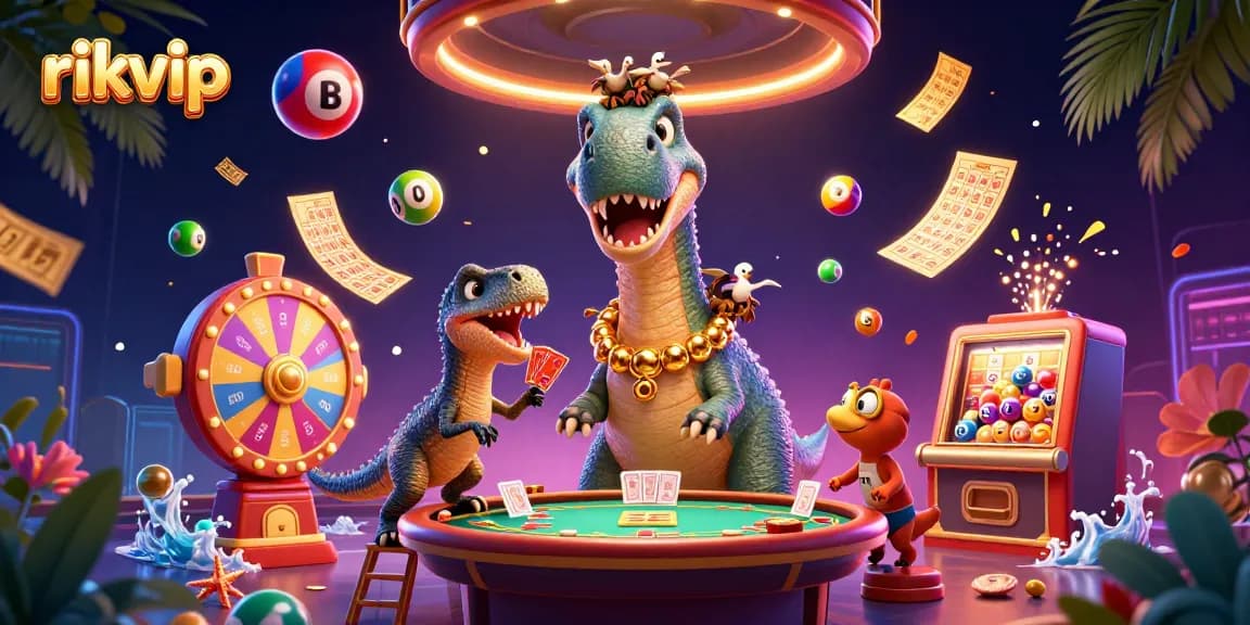 Win big at rikvip with a vibrant casino scene showcasing lively game elements and playful characters.