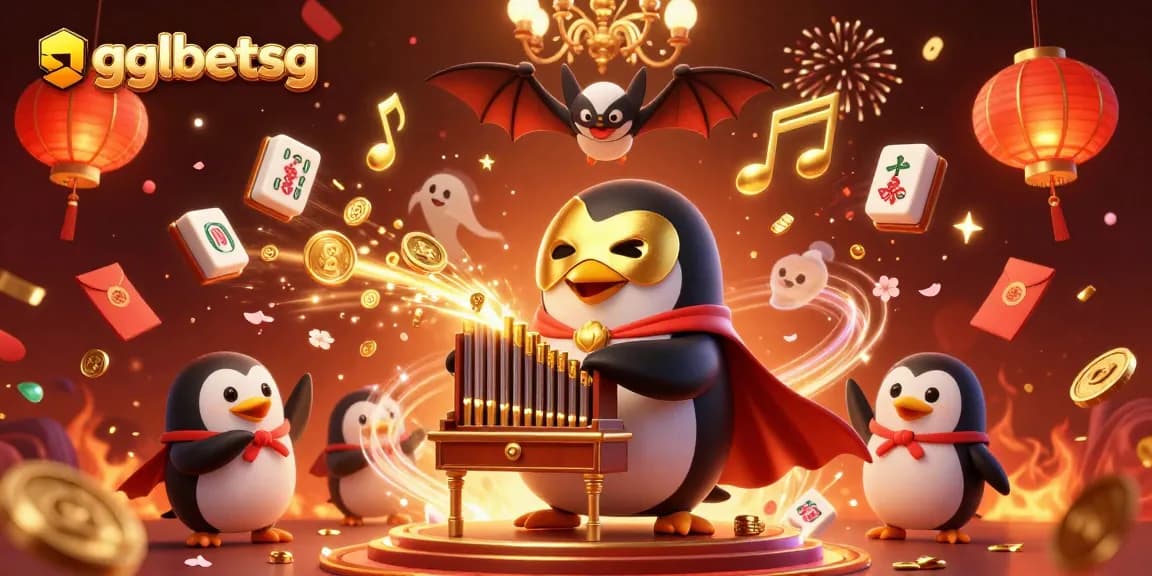gglbetsg hosts an energetic scene of a penguin organist while celebrating esports betting.