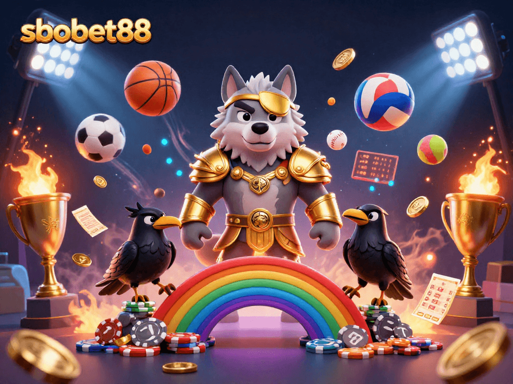 SBOBET88 showcases an epic 3D scene with Thor and ravens delivering thrilling sports betting adventures amid dynamic gaming elements.