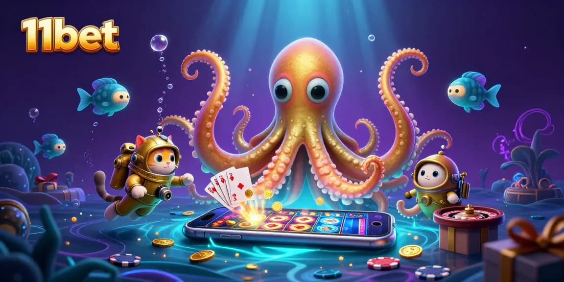 Play thrilling games with 11bet while viewing a vibrant underwater scene featuring a kraken and diving cat.