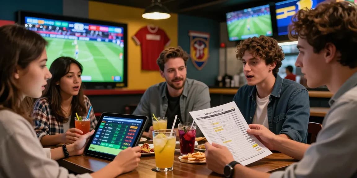 Exciting sports betting scene at OPEN88 with fans reviewing live matches and betting guides.