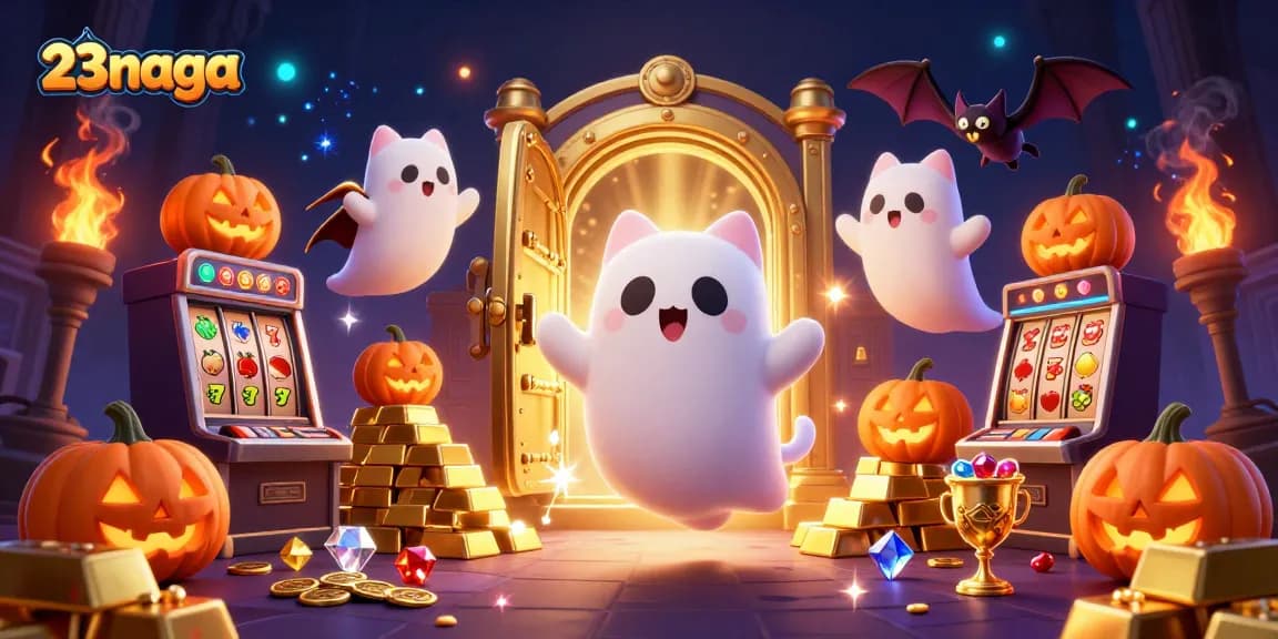 Experience thrilling wins at 23naga with a floating ghost cat amid shining slots and treasures.