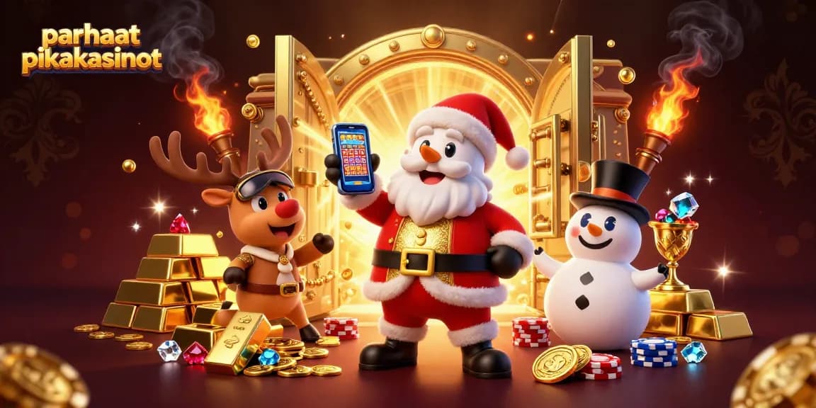 Experience the excitement of parhaat pikakasinot with Santa, reindeer, and a snowman in a treasure-filled casino scene.