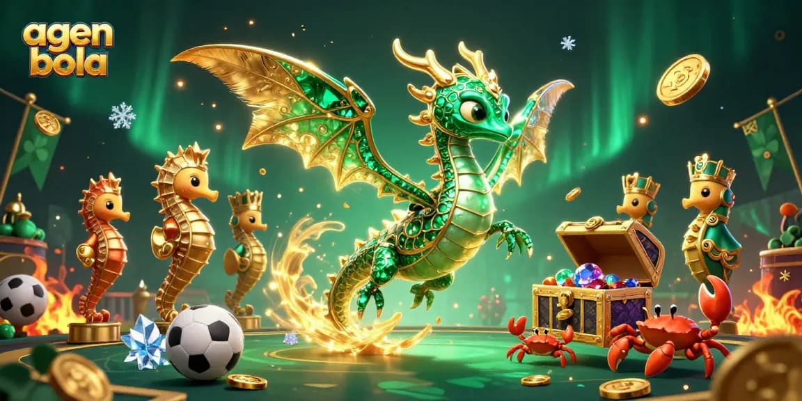 Engage with high stakes at agen bola, featuring a vibrant 3D sea dragon and gambling elements.
