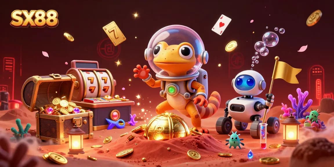 Experience the vibrant world of SX88 with a Martian gecko discovering a golden casino in this dynamic 3D illustration.