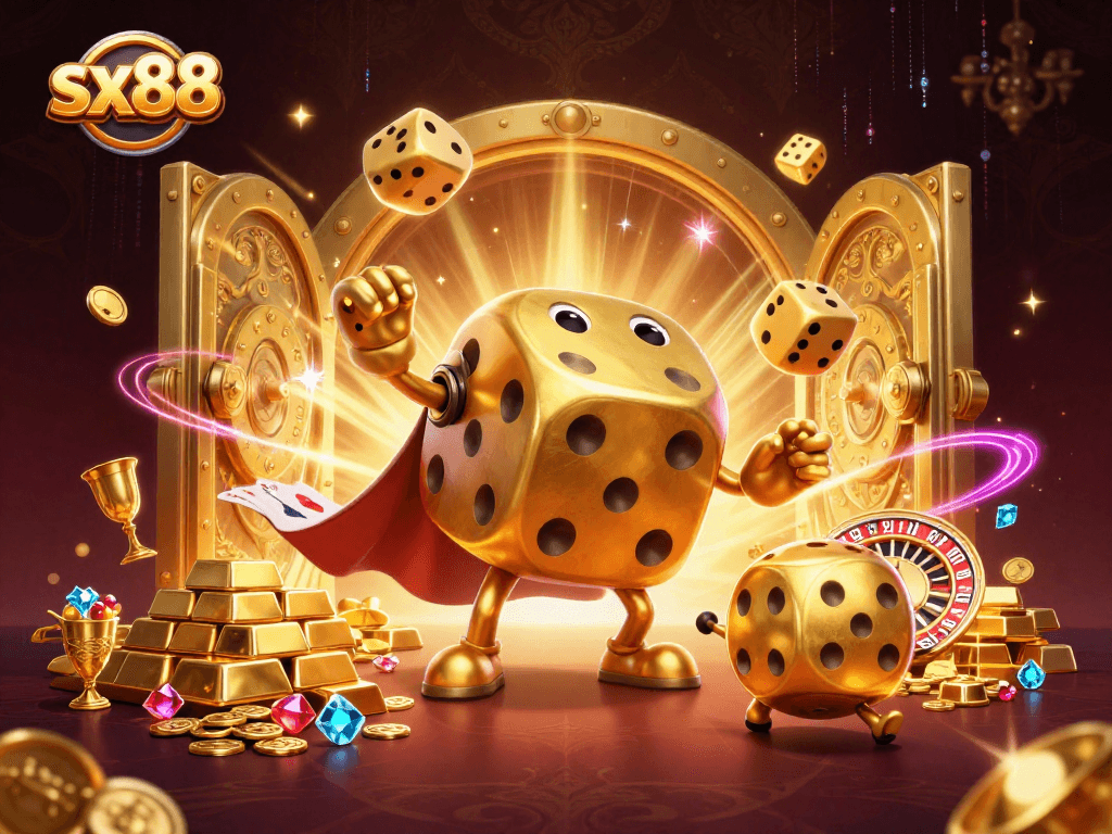 Engage in gaming excitement with sx88 illustrated through golden dice and treasures in a vibrant casino scene.