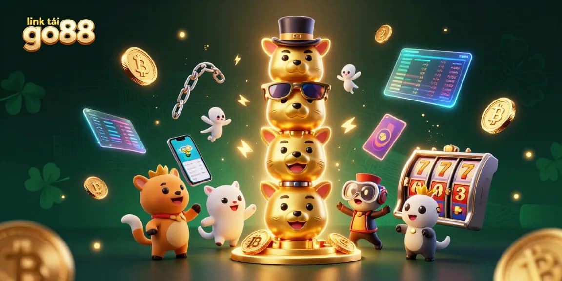 Experience excitement with the link tải go88, featuring a vibrant casino scene filled with animated totem poles and crypto elements.