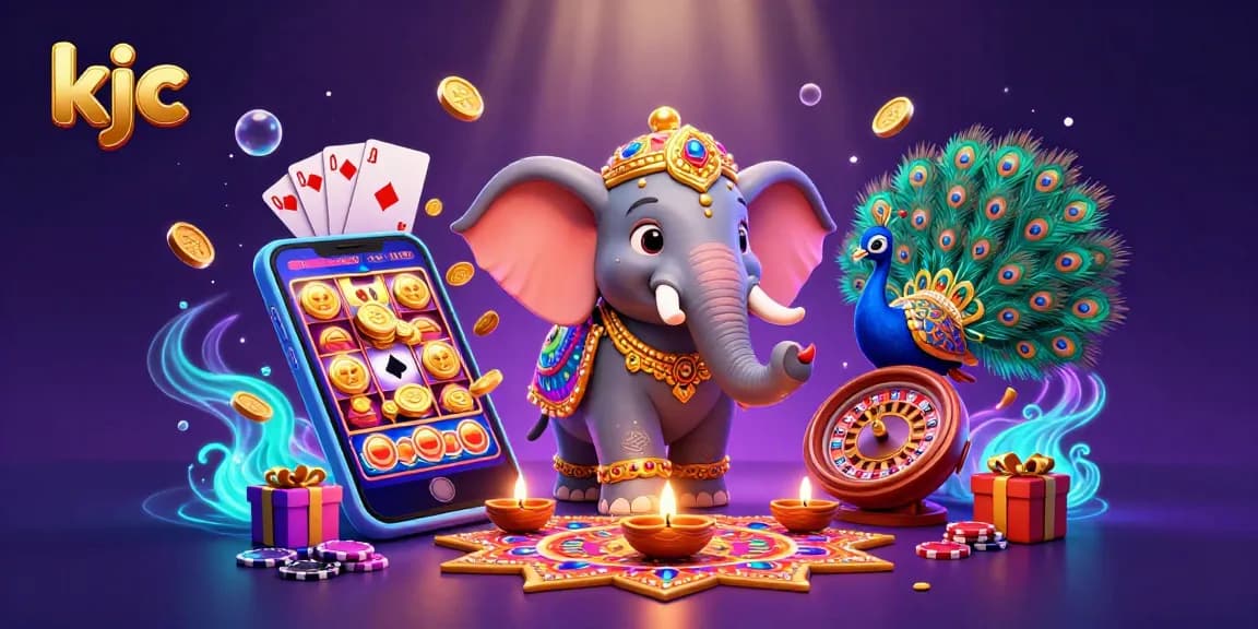 KJC brings excitement with a vibrant 3D illustration showcasing fun slot games and dynamic casino elements.