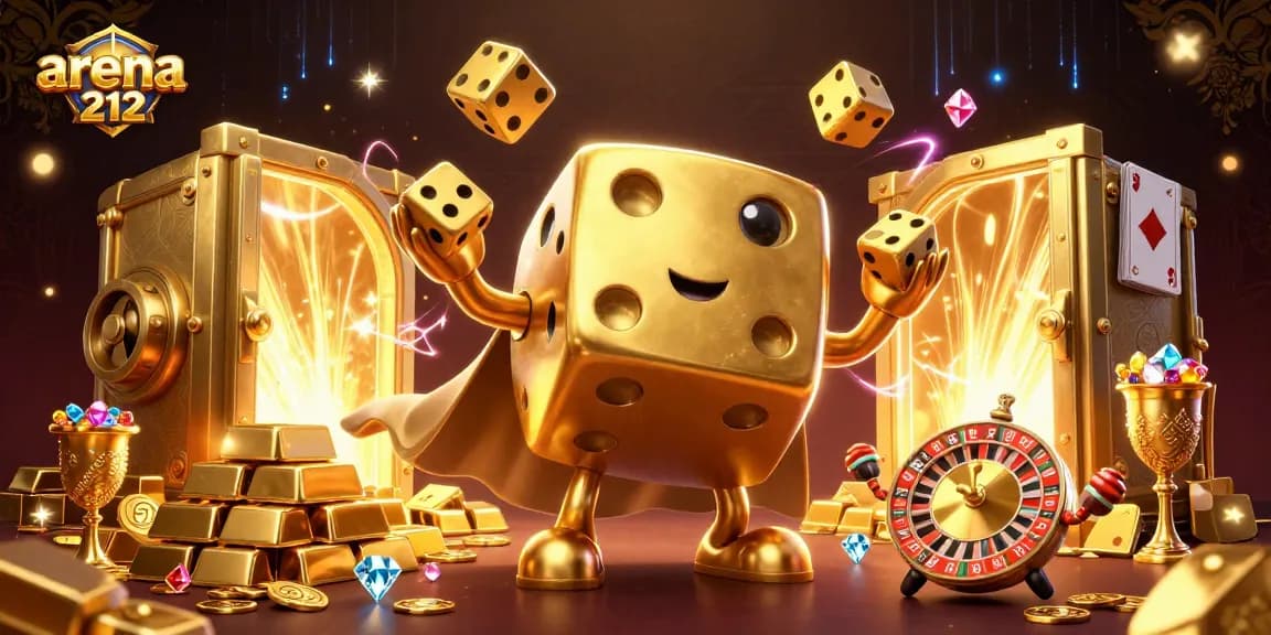 arena212, merayakan keberuntungan dengan golem dadu emas dan harta judi yang berkilauan
