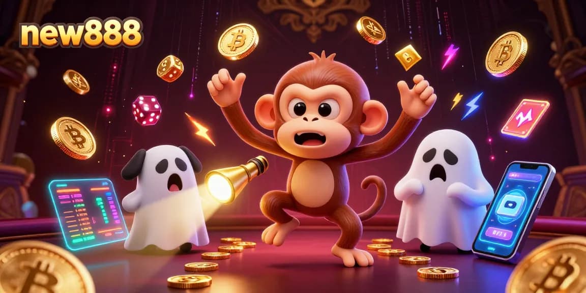Experience the thrilling world of new888 with a mischievous monkey juggling golden coins in a vibrant casino setting.