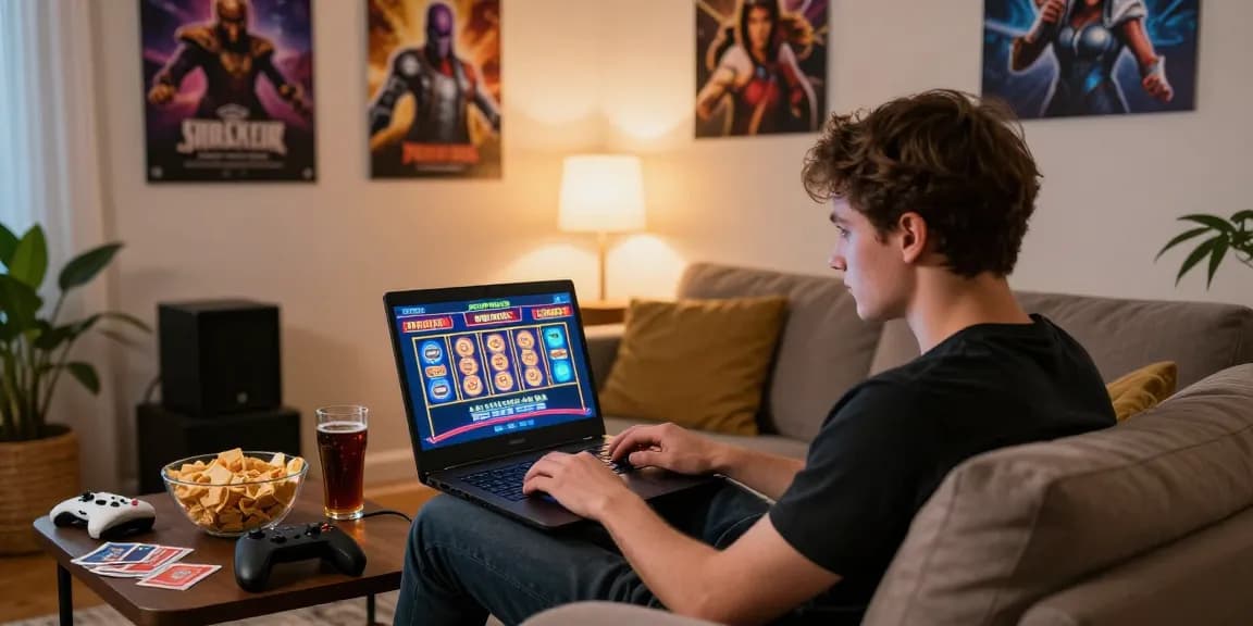 Exciting gaming experience at non UK casinos with a cozy home setup and colorful online slots.