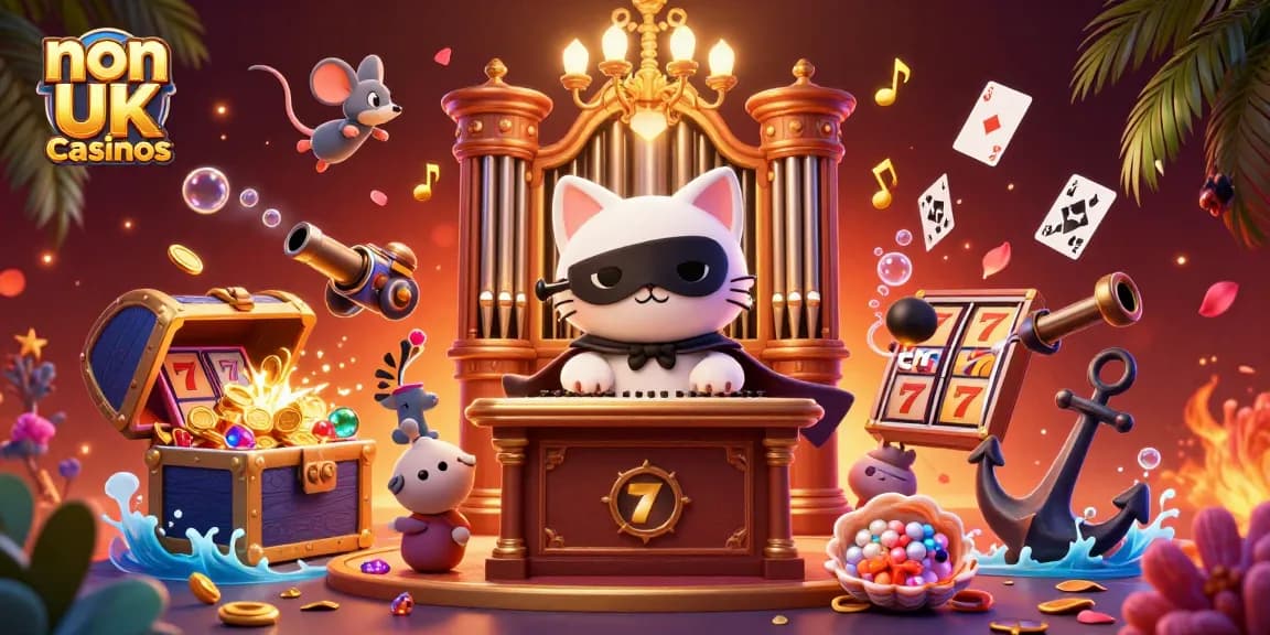 Engage with vibrant non UK casinos showcasing a phantom cat playing an organ amidst riches and festive elements.