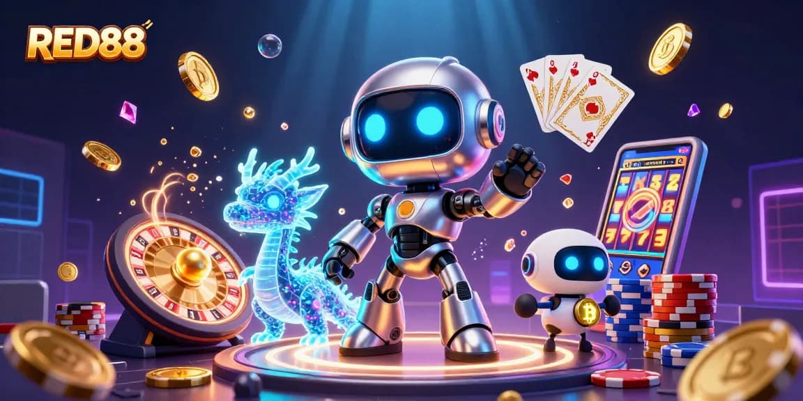 Engage in thrilling gaming at RED88 with a vibrant 3D casino scene filled with action.
