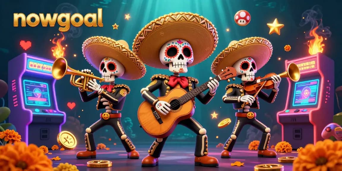 Experience thrilling live scores with nowgoal's vibrant mariachi scene surrounded by colorful gaming elements.
