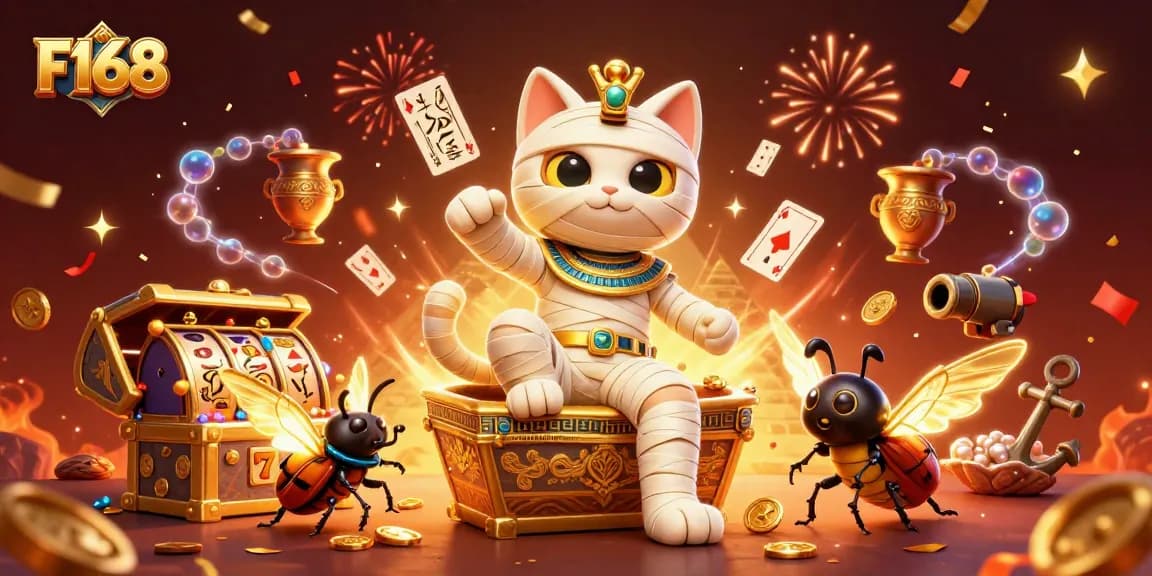 Engage in thrilling casino fun with F168's Egyptian mummy cat and scarab beetle amidst colorful slot reels.
