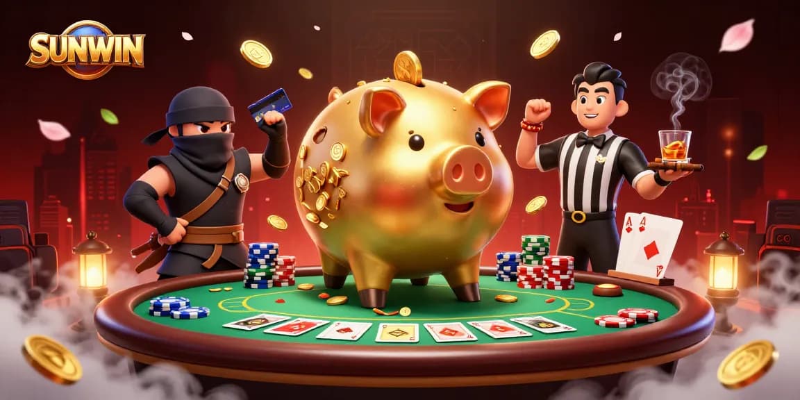 SUNWIN offers an exciting gambling experience with gold coins flying around a dynamic casino scene.